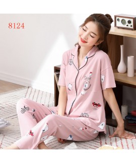 Summer short sleeves cotton pajamas women's cardigan Lapel simple sleepwear sets