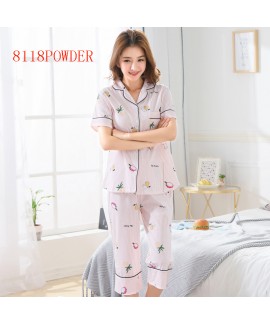 Summer short sleeves cotton pajamas women's cardigan Lapel simple sleepwear sets
