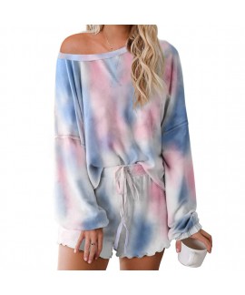 Tie-dye Homewear Women's Long-sleeved Shorts Tie-dye Brushed Summer Homewear Two-piece Set Can Be Worn Outside Wedding Party