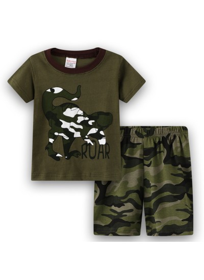 Cartoon Dinosaur Print Short Sleeve Pajamas Set Kids' Dinosaur Pajamas For Summer