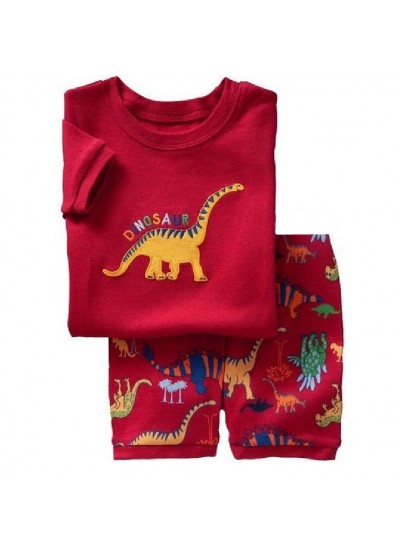 Red Boys Summer Cartoon Dinosaur Print Short Sleeve Pajamas Set Kids' Dinosaur Pajamas