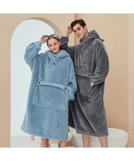 Lazy Couple Flannel Robe Plus Size Hooded Solid Co...