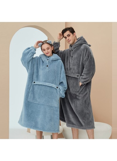 Lazy Couple Flannel Robe Plus Size Hooded Solid Color Super Warm TV Blanket