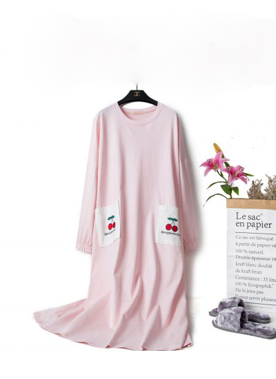 Women Soft Cotton Nightgowns Long Sleeve O Neck Casual Loose Nightwear Antumn Winter Nightdress With Pockets Plus Size