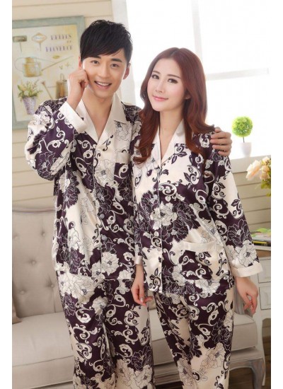 Cheap long sleeve couple new silk like pajama sets comfy set pjs for male and female