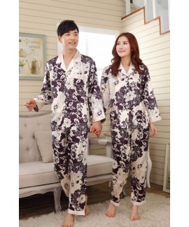 Cheap long sleeve couple new silk like pajama sets comfy set pjs for male and female