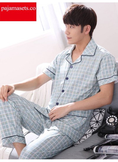  100% cotton pajamas with a short sleeve button down shirt and long pants Light grid
