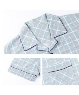  100% cotton pajamas with a short sleeve button down shirt and long pants Light grid