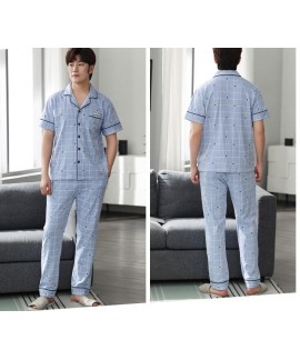  100% cotton pajamas with a short sleeve button down shirt and long pants Light blue