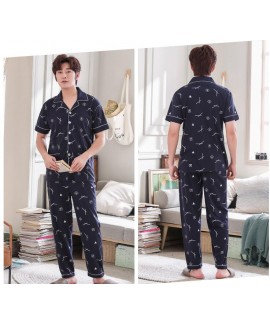  100% cotton pajamas with a short sleeve button down shirt and long pants blue