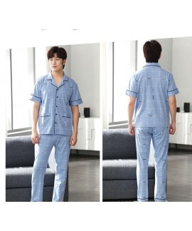  100% cotton pajamas with a short sleeve button down shirt and long pants Light blue