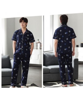  100% cotton pajamas with a short sleeve button down shirt and long pants blue