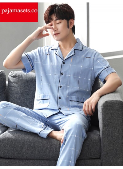  100% cotton pajamas with a short sleeve button down shirt and long pants Light blue