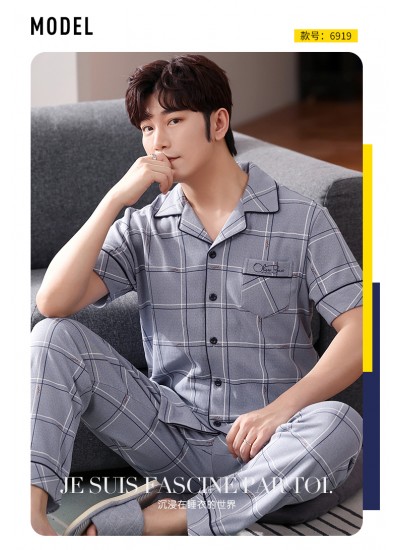  100% cotton pajamas with a short sleeve button down shirt and long pants Gray