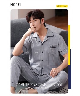  100% cotton pajamas with a short sleeve button down shirt and long pants Gray