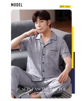  100% cotton pajamas with a short sleeve button down shirt and long pants Gray