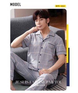  100% cotton pajamas with a short sleeve button down shirt and long pants Gray