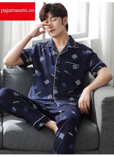  100% cotton pajamas with a short sleeve button down shirt and long pants blue