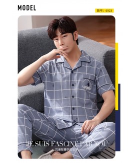  100% cotton pajamas with a short sleeve button down shirt and long pants Gray