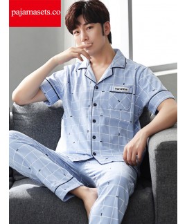  100% cotton pajamas with a short sleeve button down shirt and long pants Light blue