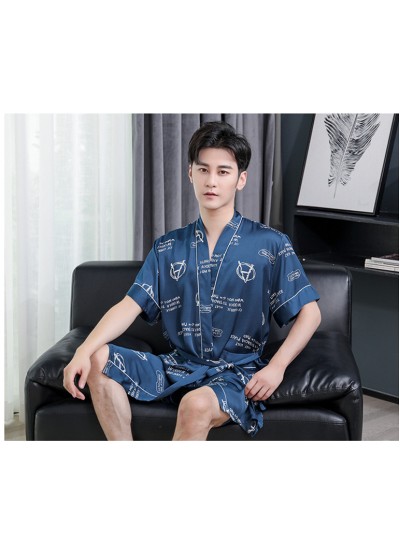 Summer Fashion Korean Ice Silk Navy Print Nightgown Men's Short-sleeved Simulation Silk Male Loose Bathrobe Wholesale