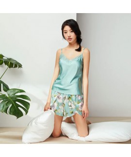 Retro Green sling ice silk pajama set for women luxury ladies silky nightwear