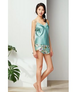 Retro Green sling ice silk pajama set for women luxury ladies silky nightwear