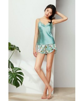 Retro Green sling ice silk pajama set for women lu...