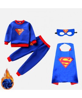 Plus Velvet Superman Cape Clothes Halloween Children's Costume Two-piece Set