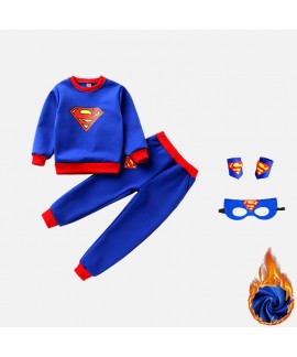 Plus Velvet Superman Cape Clothes Halloween Children's Costume Two-piece Set