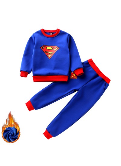 Plus Velvet Superman Cape Clothes Halloween Children's Costume Two-piece Set