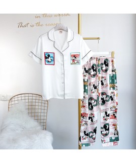 Casual Short Sleeve two-piece ice silk pajama Set thin sleepwear outside