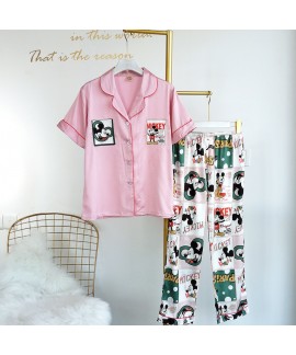 Casual Short Sleeve two-piece ice silk pajama Set thin sleepwear outside