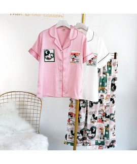 Casual Short Sleeve two-piece ice silk pajama Set ...