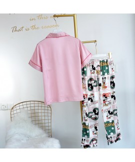 Casual Short Sleeve two-piece ice silk pajama Set thin sleepwear outside