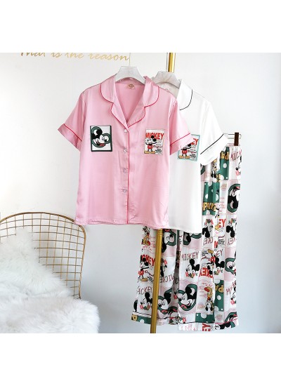 Casual Short Sleeve two-piece ice silk pajama Set thin sleepwear outside