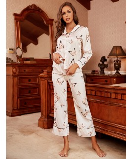 Butterfly Print Pajama Set Long Sleeve Lapel Top E...