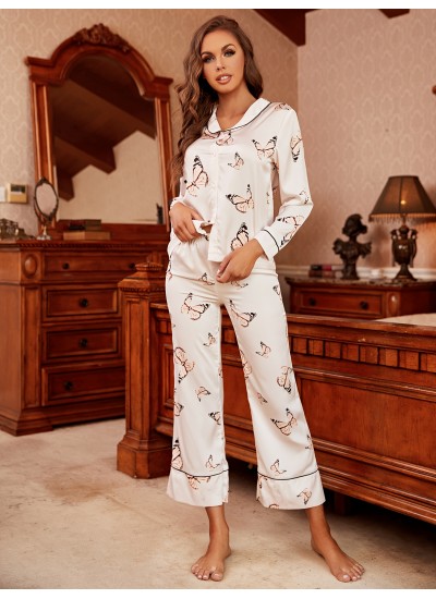 Butterfly Print Pajama Set Long Sleeve Lapel Top Elastic Waistband Pants Womens Sleepwear Loungewear 