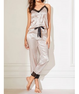 Striped Print Pajama Set, V Neck Cami Top & Lace Trim Pants, Women's Sleepwear & Loungewear 