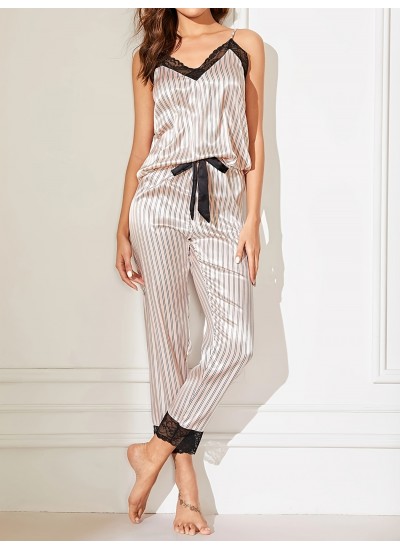 Striped Print Pajama Set, V Neck Cami Top & Lace Trim Pants, Women's Sleepwear & Loungewear 