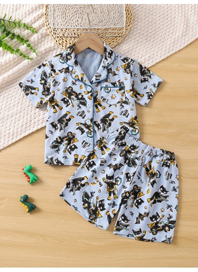 Boys Cartoon Character Pajamas Set Tops Bottoms Short Sleeves Button Casual Homewear 