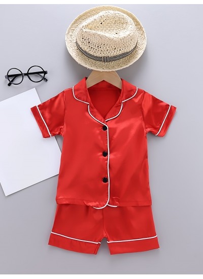 2pcs Toddler Girls Comfortable Pajamas Outfit Button Short Sleeve Top & Elastic Waist Shorts Sleepwear