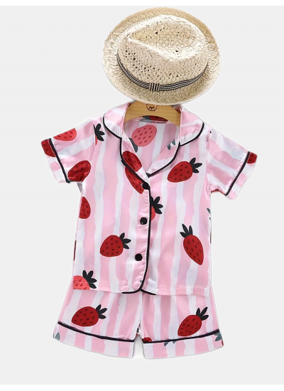 2pcs Toddler Girls Comfortable Pajamas Outfit Cute Strawberry And Stripe Graphic Button Short Sleeve Sleepwear