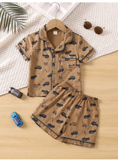 Boys Car Pajamas Set Tops Bottoms Shorts Short Sleeves Comfortable Casual Cozy Homewear Loungewear 