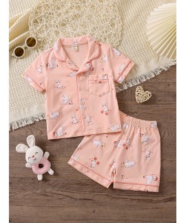 2pcs Girls Comfortable Cotton Pajamas Outfit Easter Rabbit Graphic V Neck Button Short Sleeve Sleepwear