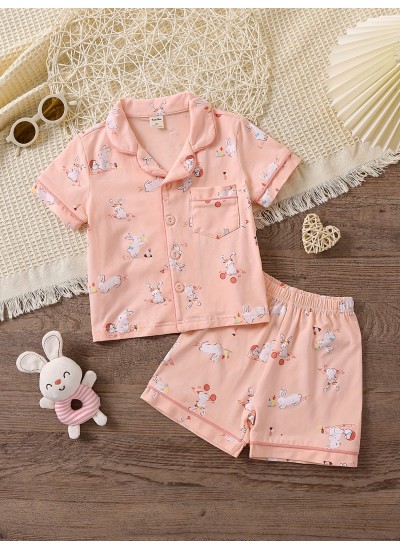 2pcs Girls Comfortable Cotton Pajamas Outfit Easter Rabbit Graphic V Neck Button Short Sleeve Sleepwear