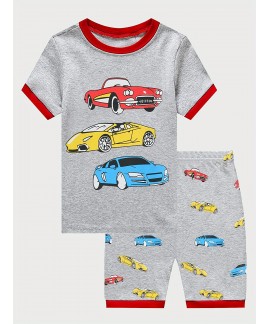 Boys Car Print Pajamas Set Short Sleeves Tops Bottoms Comfortable Cozy Casual Loungewear Sets 