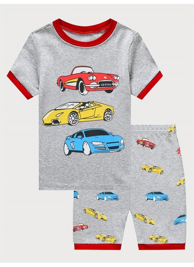 Boys Car Print Pajamas Set Short Sleeves Tops Bottoms Comfortable Cozy Casual Loungewear Sets 