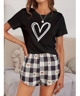 Heart Print Pajama Set, Short Sleeve Crew Neck Top & Plaid Shorts, Women's Sleepwear & Loungewear 