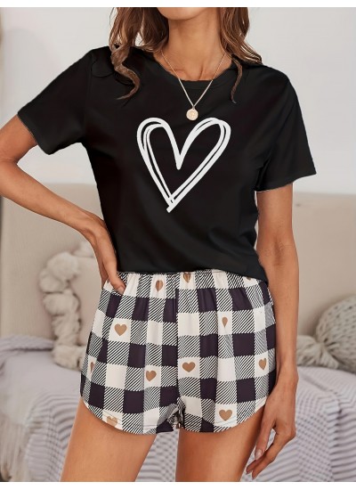 Heart Print Pajama Set, Short Sleeve Crew Neck Top & Plaid Shorts, Women's Sleepwear & Loungewear 